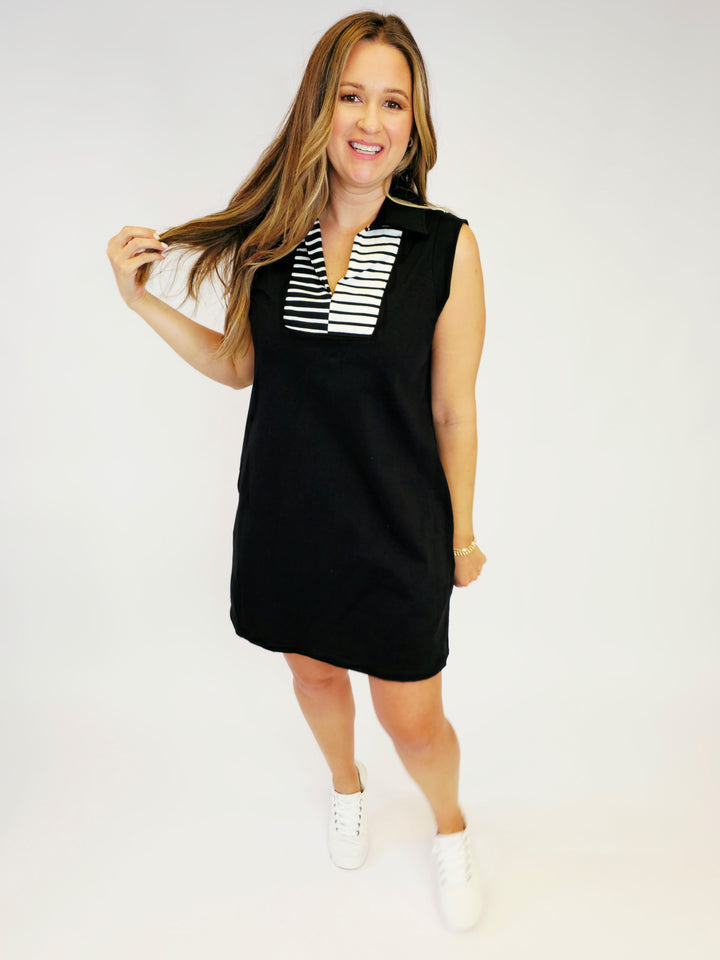 COLLARED KNIT STRIPED COLOR BLOCK DRESS - BLACK