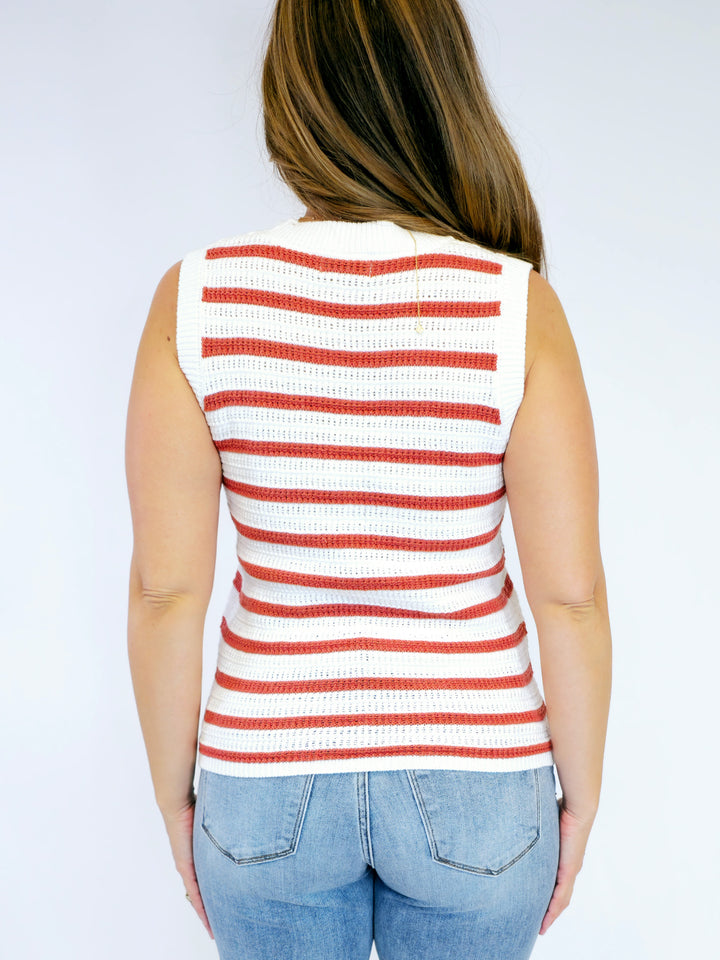 STRIPED SWEATER TANK W/CONTRAST ACCENTS - POPPY