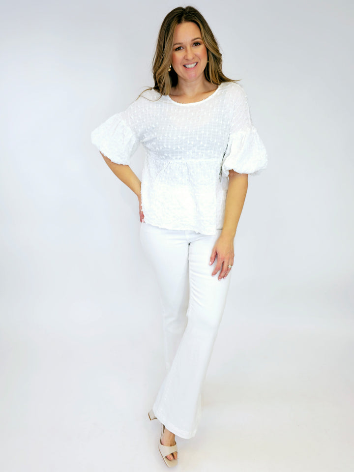 SWISS DOT PEPLUM BELL SLEEVE TOP - WHITE