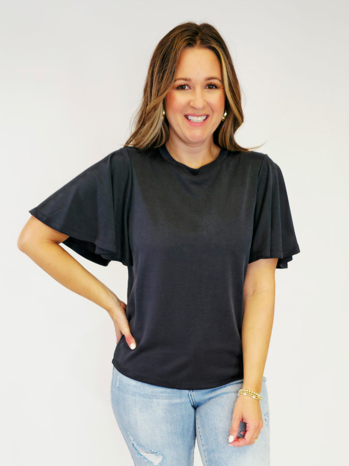 FLUTTER SHORT SLEEVE TOP - CHARCOAL
