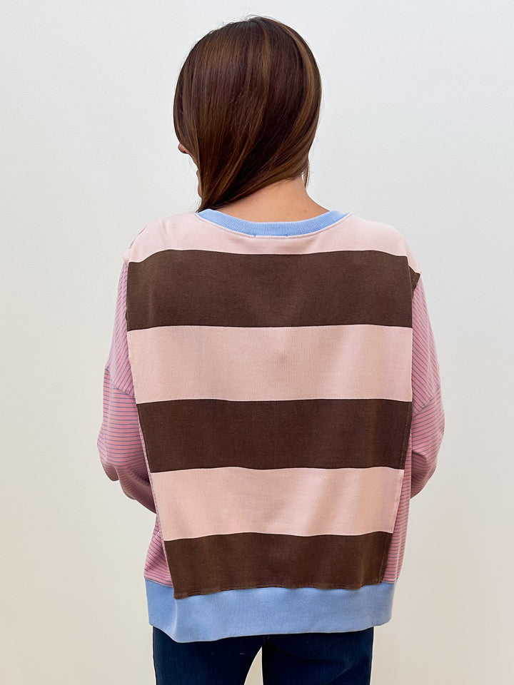 L/S STRIPE MIX WASHED TERRY OVERSIZED PULLOVER - STRAWBERRY CHOCOLATE