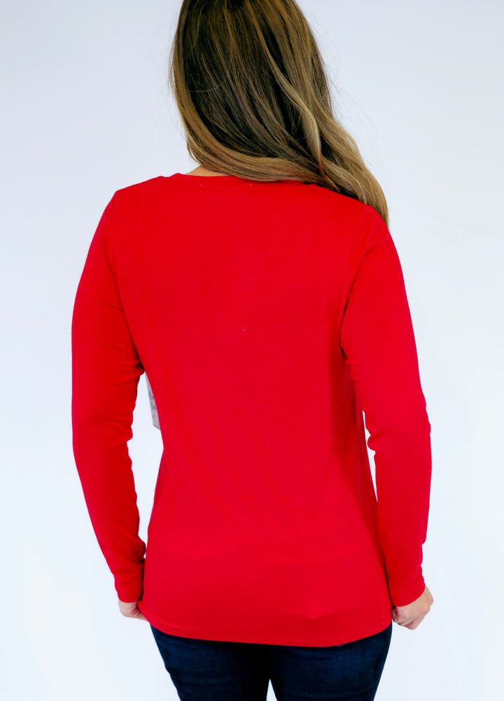 LARISSA LONG SLEEVE V-NECK TEE - RED