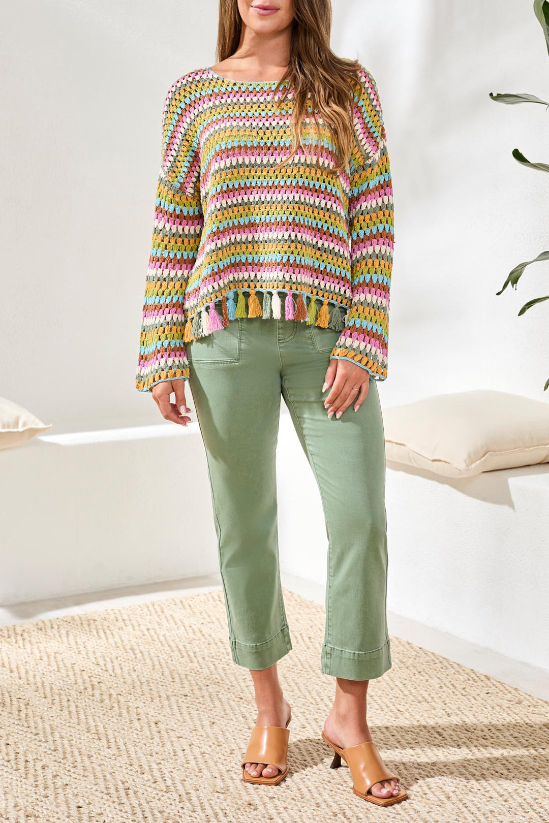 LONG BELL SLEEVE SWEATER W/TASSELS TRIM - AQUA SKY