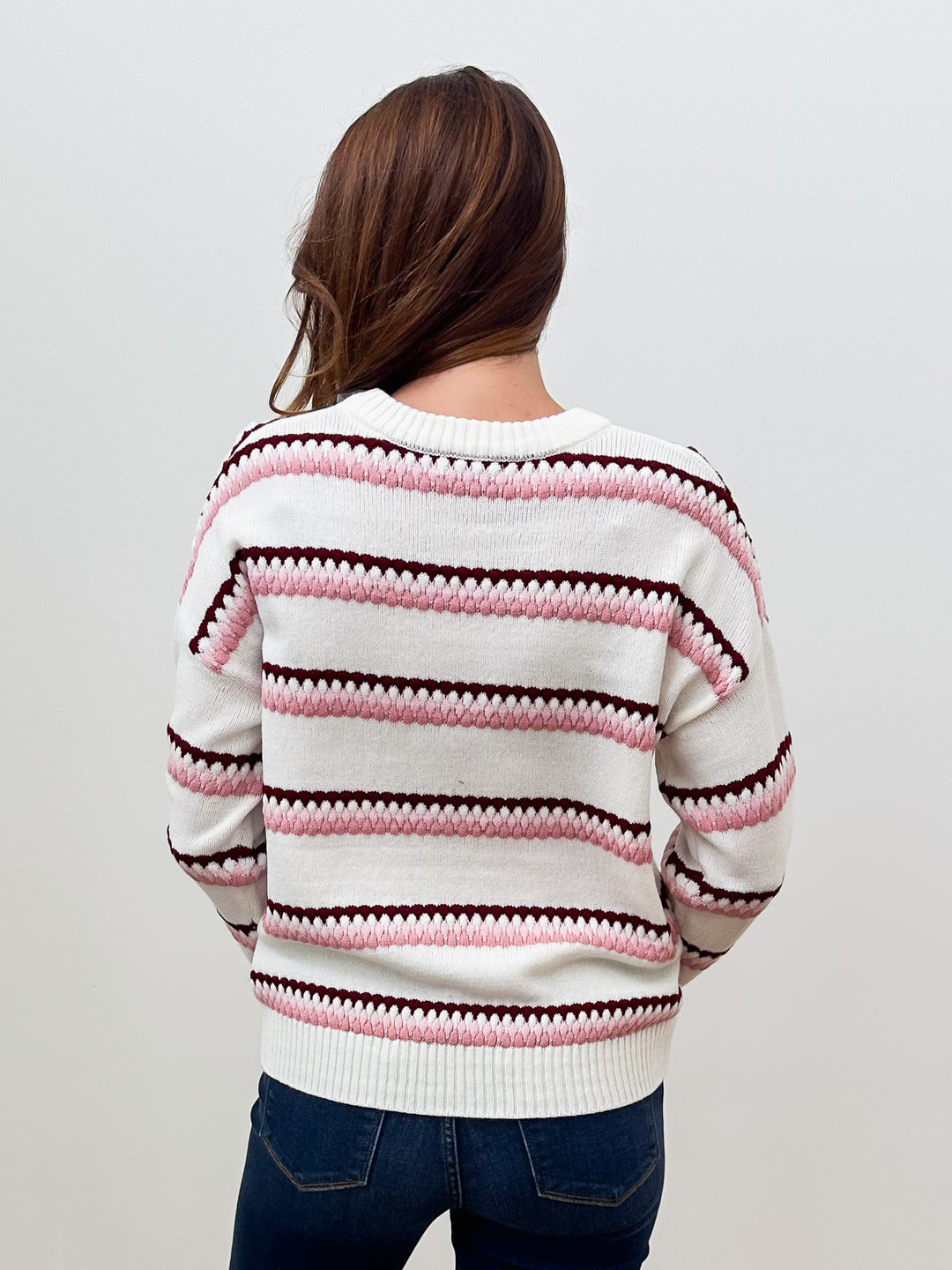 LONG SLEEVE TEXTURED CREW NECK PULLOVER - BURGUNDY/PINK