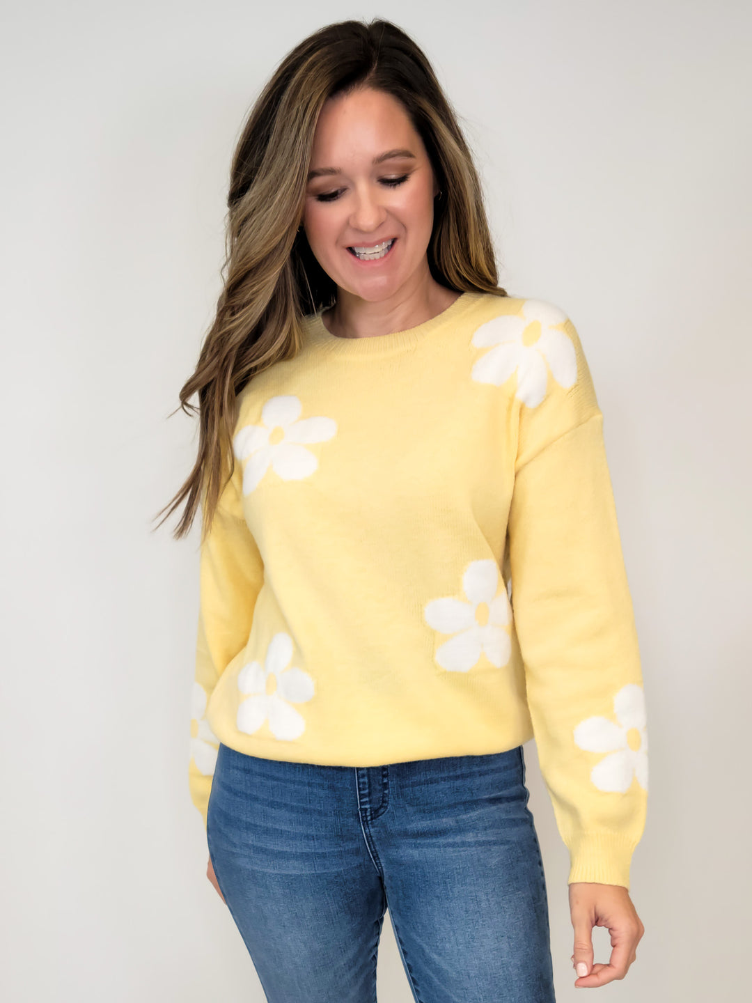 PUFF FLORAL SWEATER TOP - YELLOW