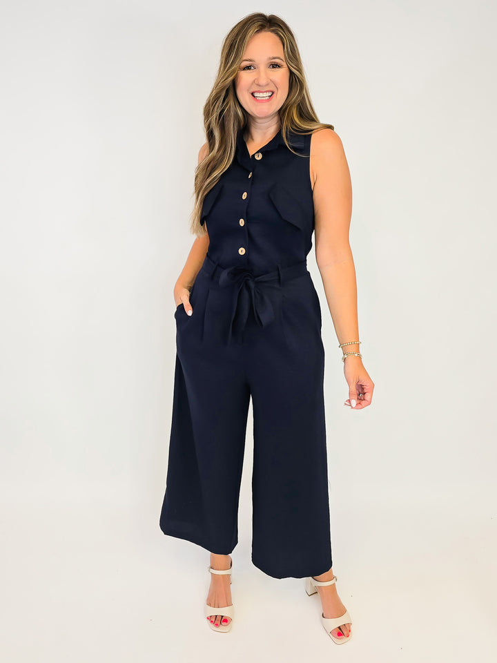 V-NECK JUMPSUIT WITH BELT - MIDNIGHT
