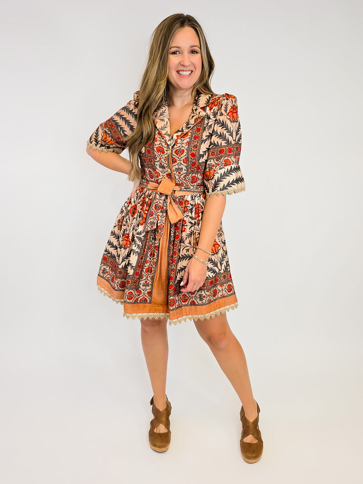 BOTANICAL PRINT SHORT PUFF SLEEVE SHORT DRESS - CHARCOAL/TAN