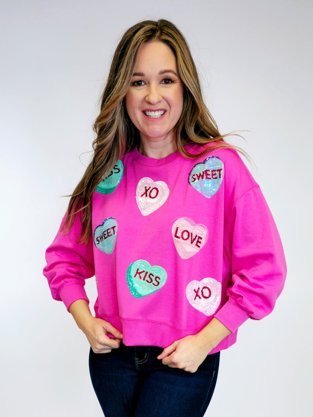 CREW NECK CANDY HEARTS SWEATSHIRT - PINK