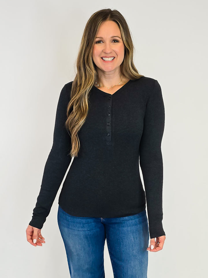 ULTRA SOFT CLASSIC RIBBED LONG SLEEVE HENLEY TOP - CHARCOAL