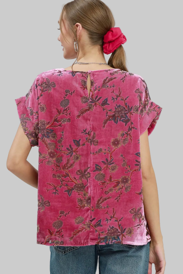 SHORT SLEEVE MIX FLORAL VELVET TOP - PINK MIX