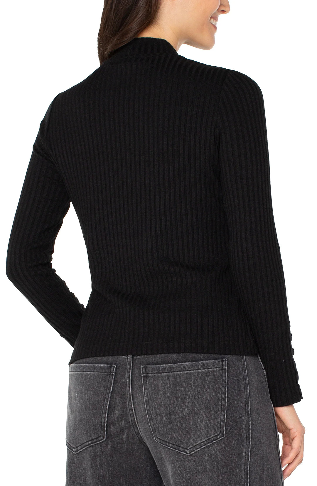 LONG SLEEVE MOCK NECK KNIT TOP W/BUTTON DETAIL - BLACK