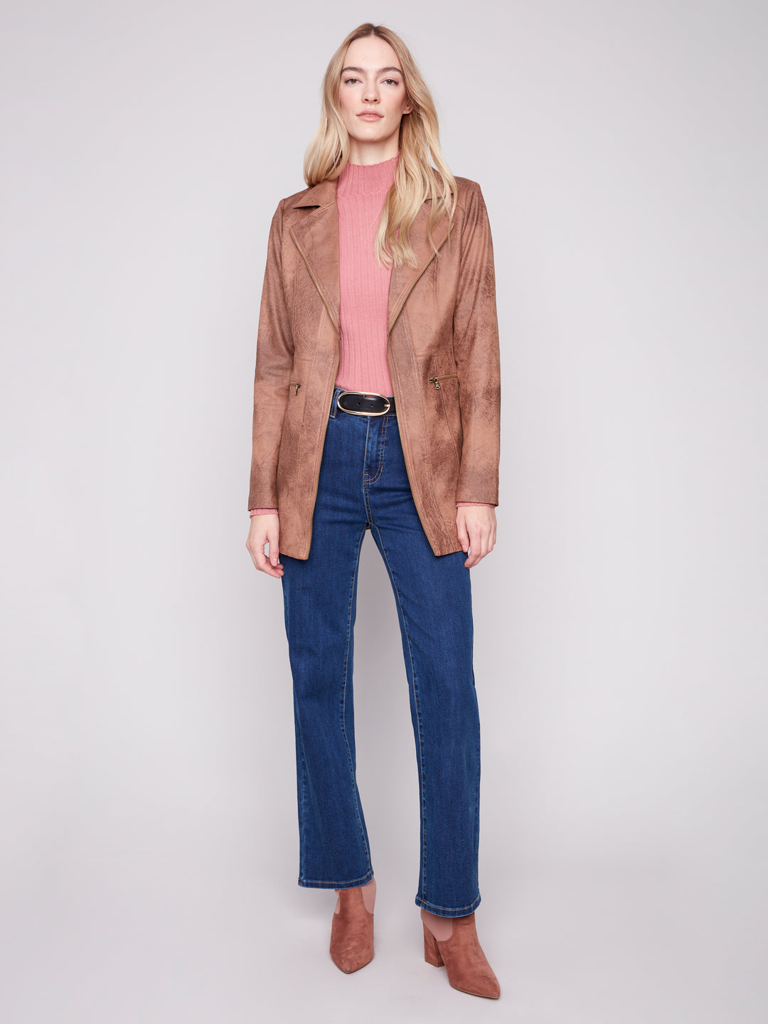 VINTAGE TEXTURE FAUX SUEDE LONG JACKET - TRUFFLE