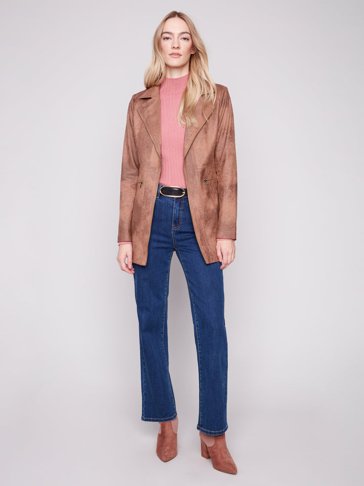 VINTAGE TEXTURE FAUX SUEDE LONG JACKET - TRUFFLE