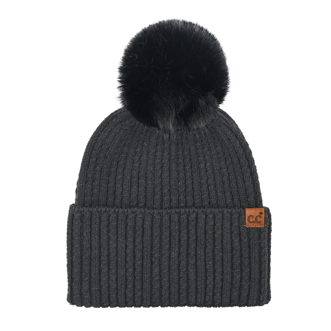 CABLE CUFF POM BEANIE - BLACK