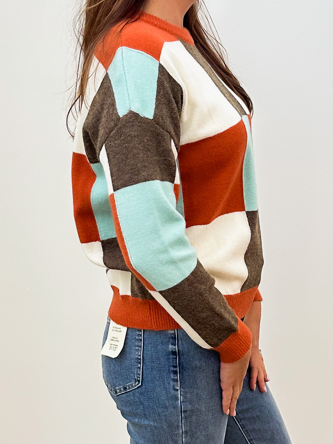 LONG SLEEVE MULTI CHECKERED SWEATER - BROWN COMBO