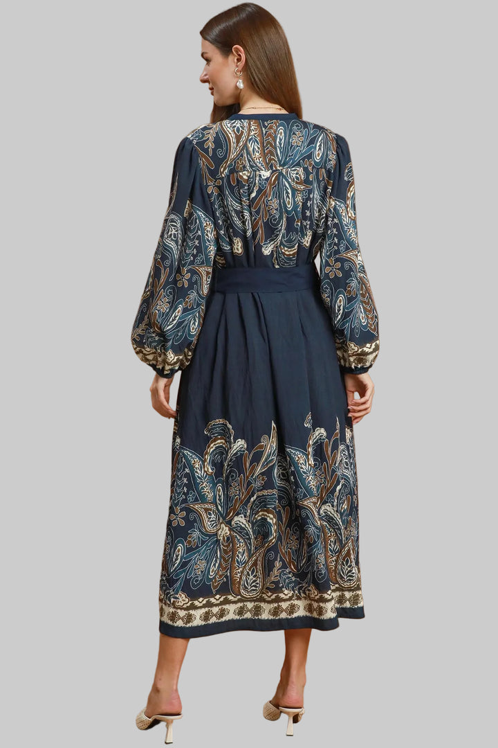 LONG SLEEVE BUTTON FRONT ABSTRACT PRINT MIDI DRESS - NAVY