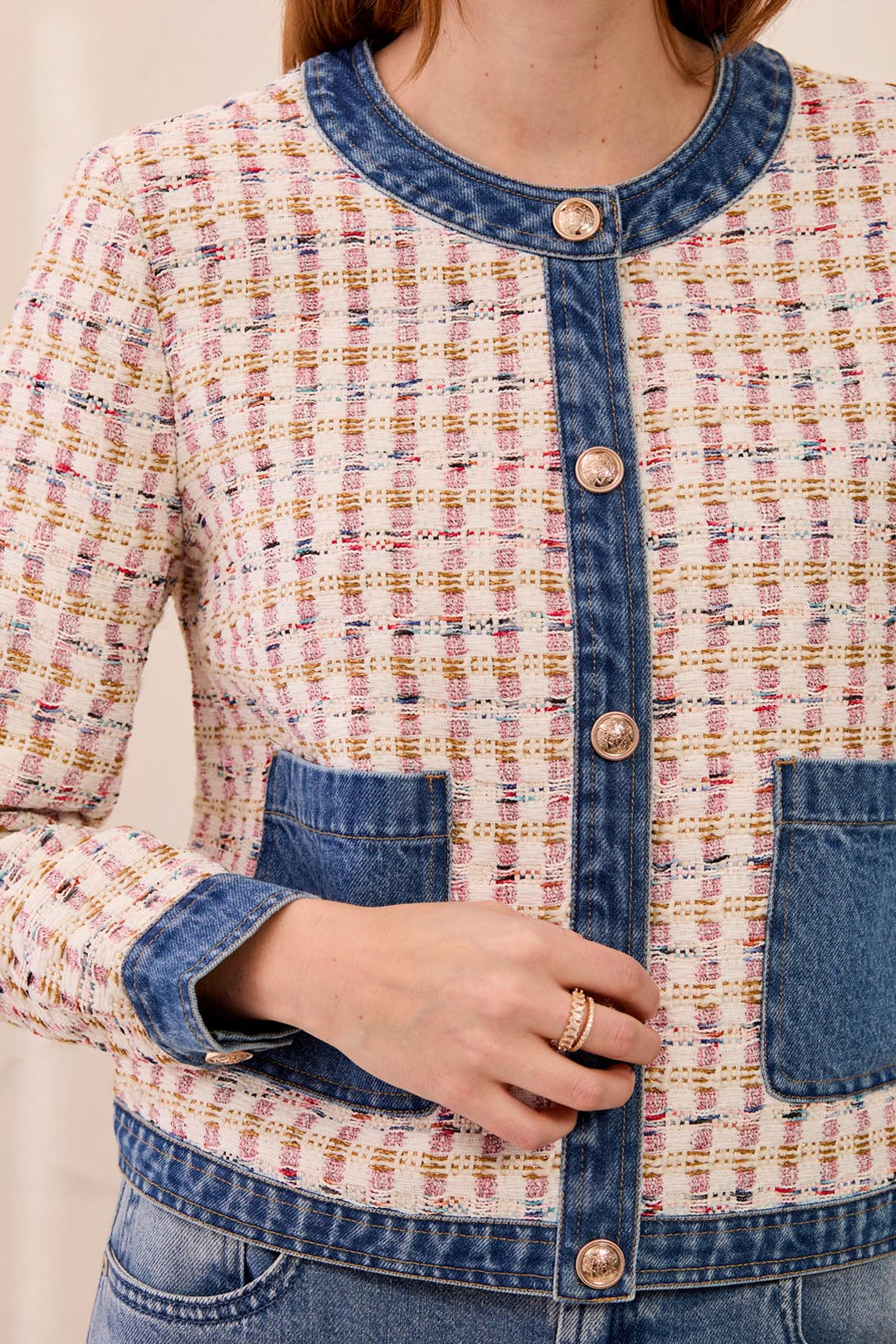 LONG SLEEVE MIX MEDIA TWEED/DENIM JACKET WITH FANCY SNAPS - NOSTALGIA