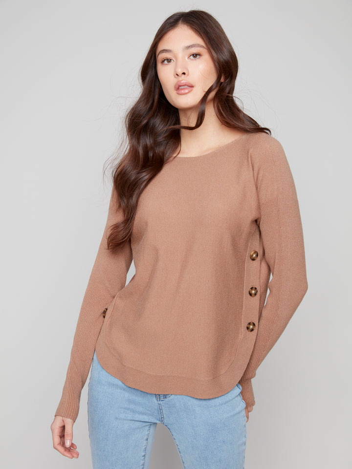 BOAT NECK SWEATER WITH SIDE BUTTONS - TRUFFLE