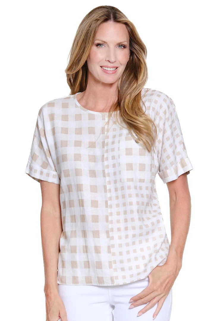 CUFFED DOLMAN SHORT SLEEVE WIDE NECK TOP - CHECKERED KHAKI