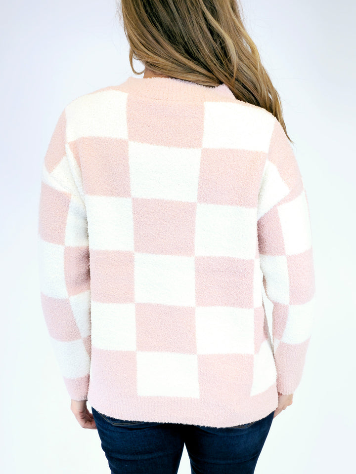 CHECKERED CREW NECK SWEATER - PINK