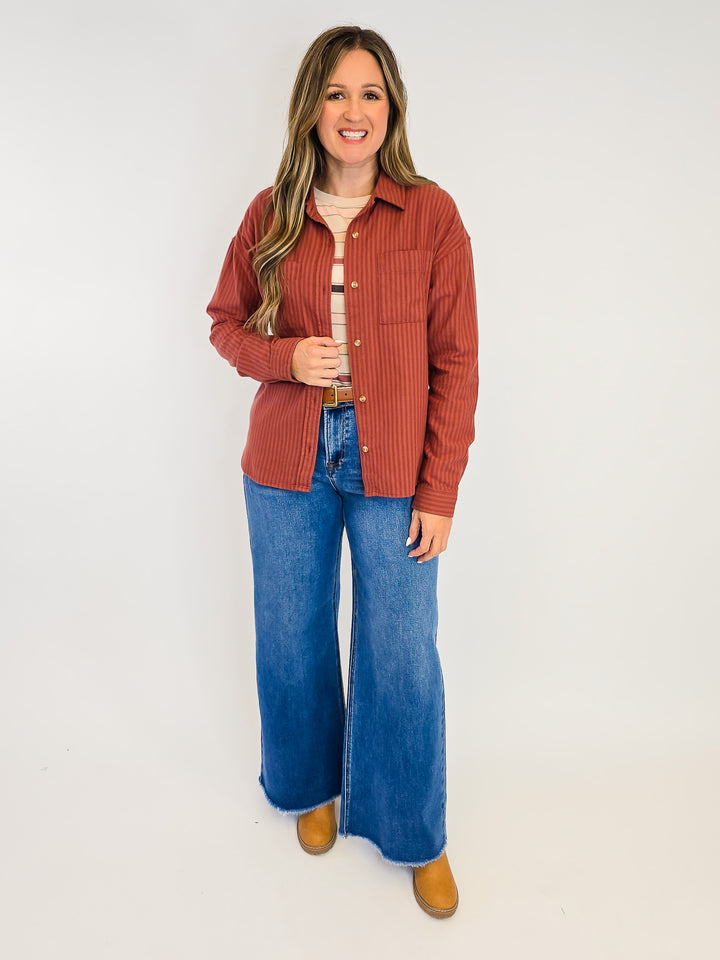 COLLARED BUTTON UP VERMONT STRIPED SHIRT - MAHOGANY TONAL