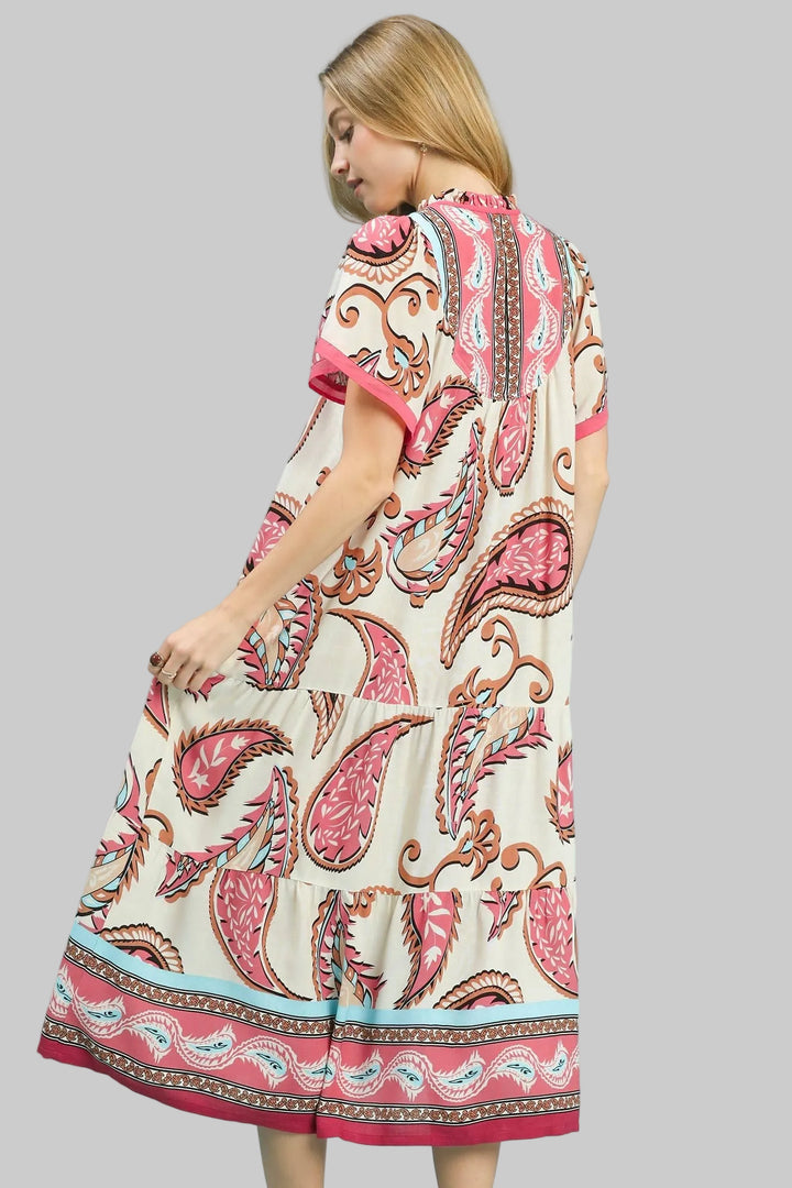 MIX PAISLEY PRINT CONTRAST TRIM MIDI DRESS - PINK MIX