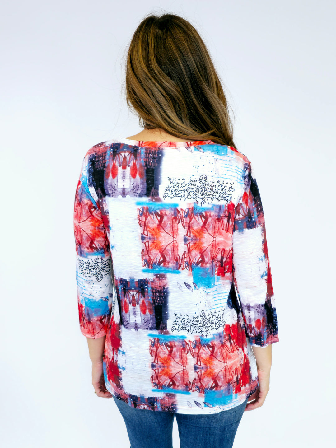 V-NECK 3/4 SLEEVE PRINTED TOP - CORAL