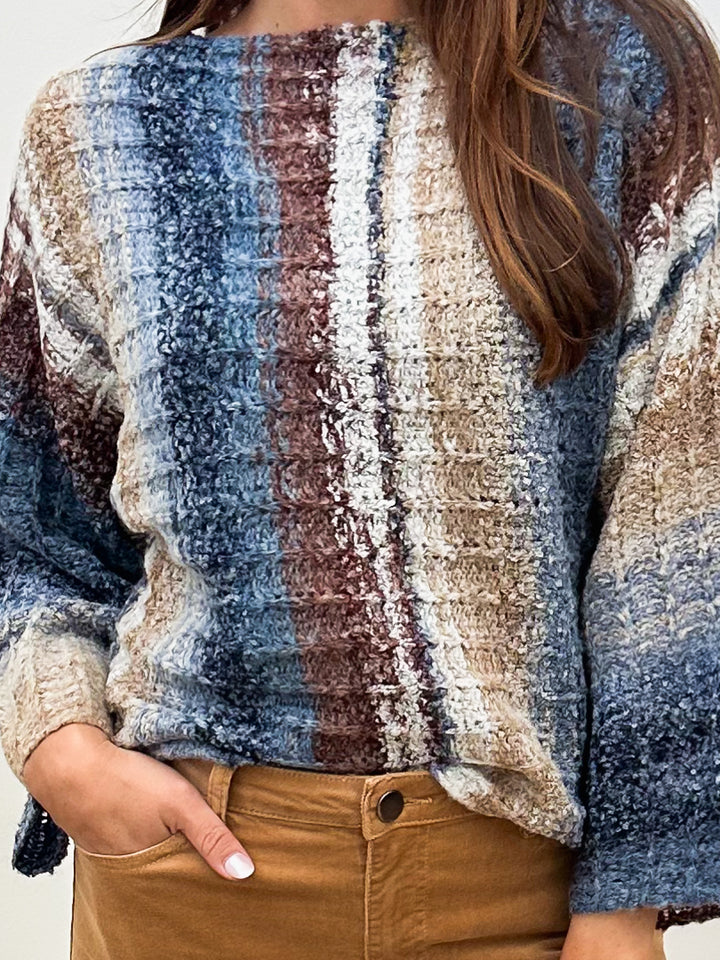 CROPPED VERTICAL STRIPED SWEATER - NAVY MULTI