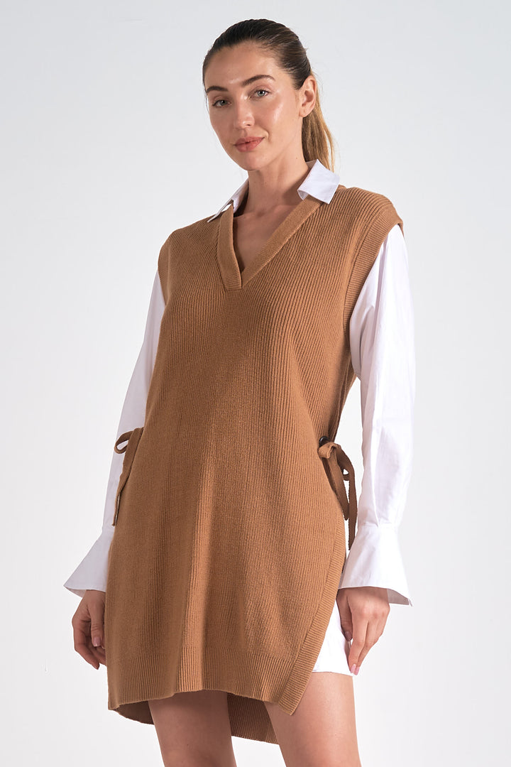 NIA V-NECK SWEATER & SHIRT DRESS - TAN