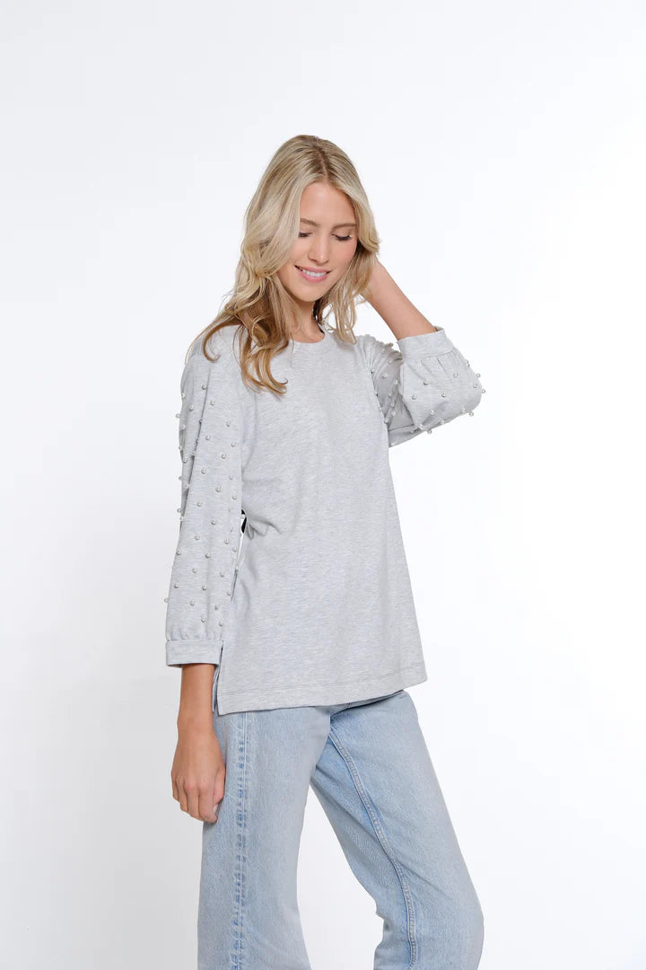 3/4 PUFF PEARL SLEEVE DROP SHOULDER CREW NECK TOP - SKY GREY