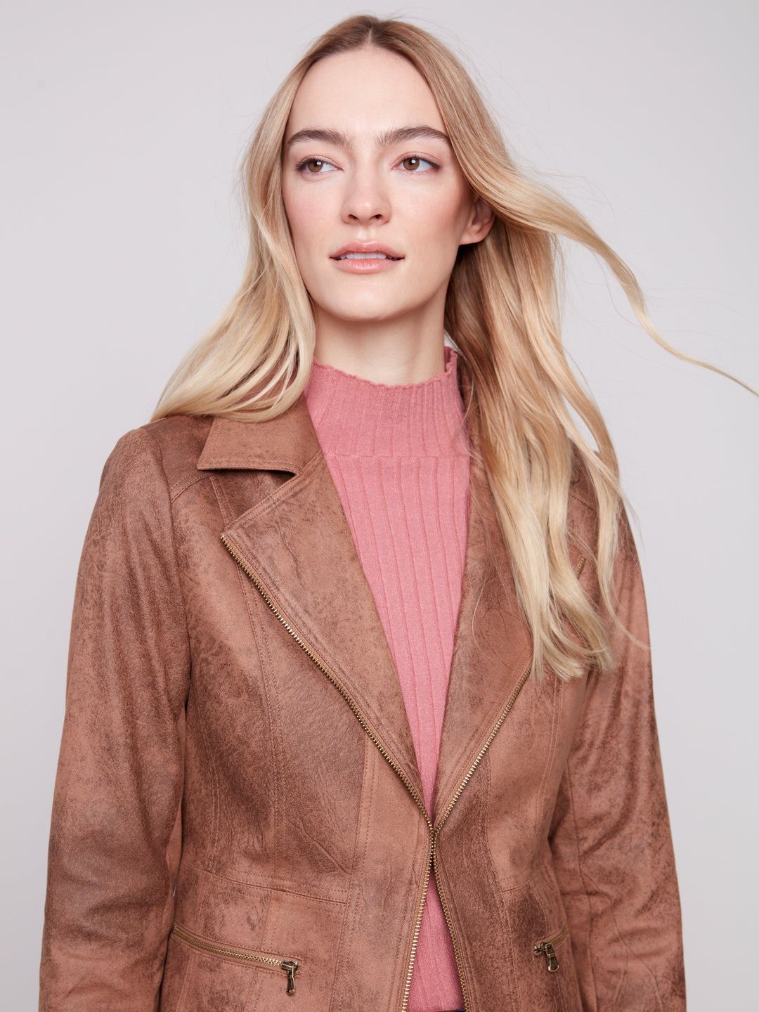 VINTAGE TEXTURE FAUX SUEDE LONG JACKET - TRUFFLE