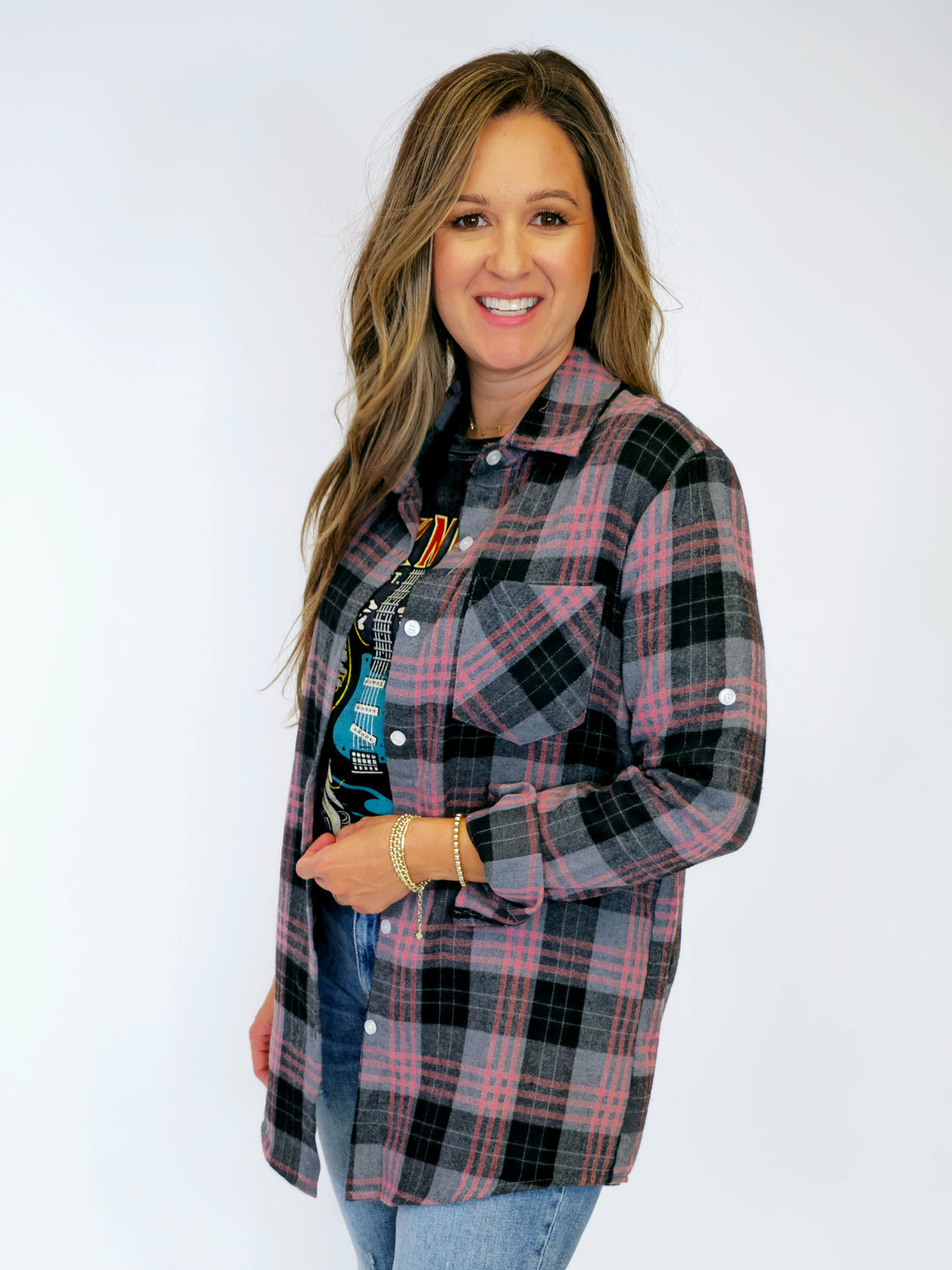 LONG SLEEVE CHECK FLANNEL DUSTER SHIRT - PINK