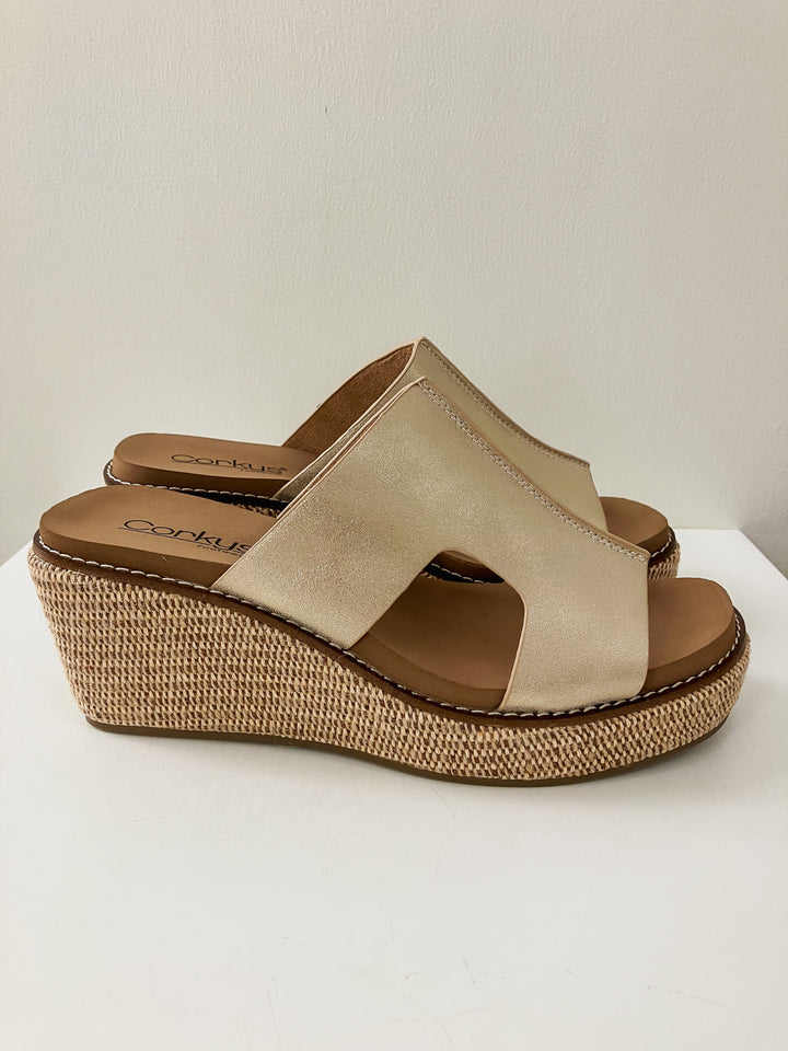 CORKY'S KISS N TELL WEDGE SANDAL - WASHED GOLD METALLIC