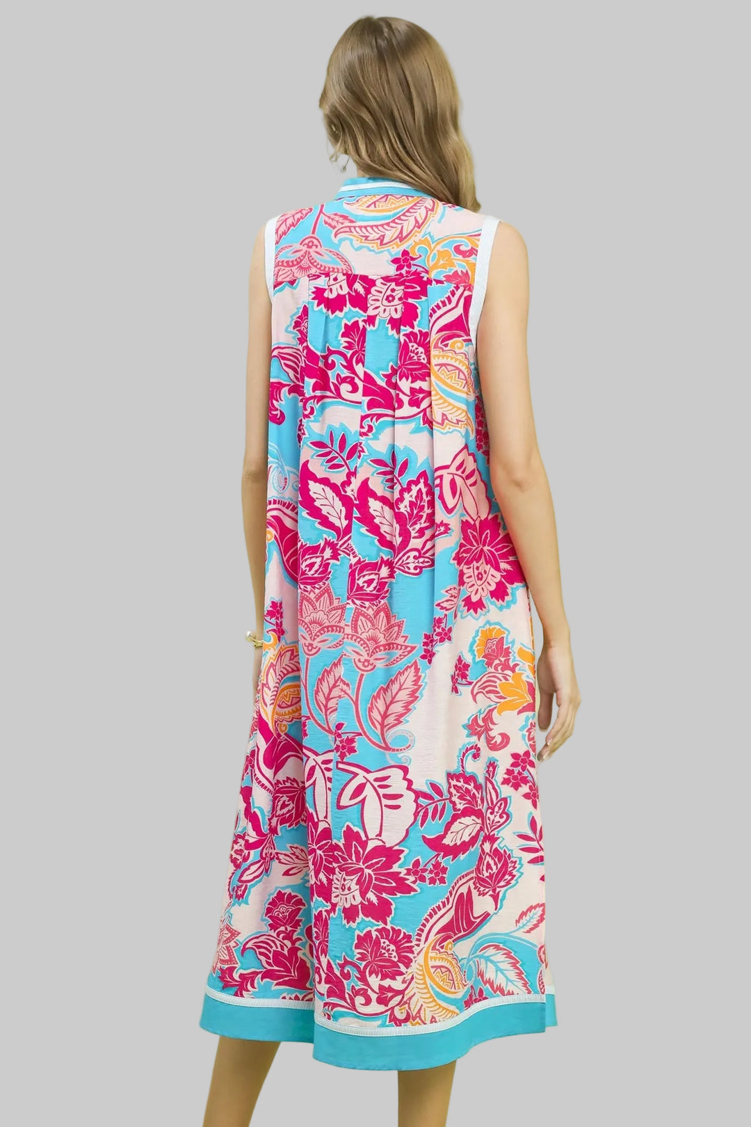 SLEEVELESS ABSTRACT PRINT MIDI DRESS- BLUE