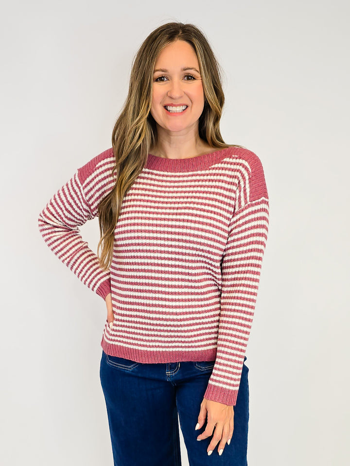 STRIPED BOAT NECK SWEATER - ROSE