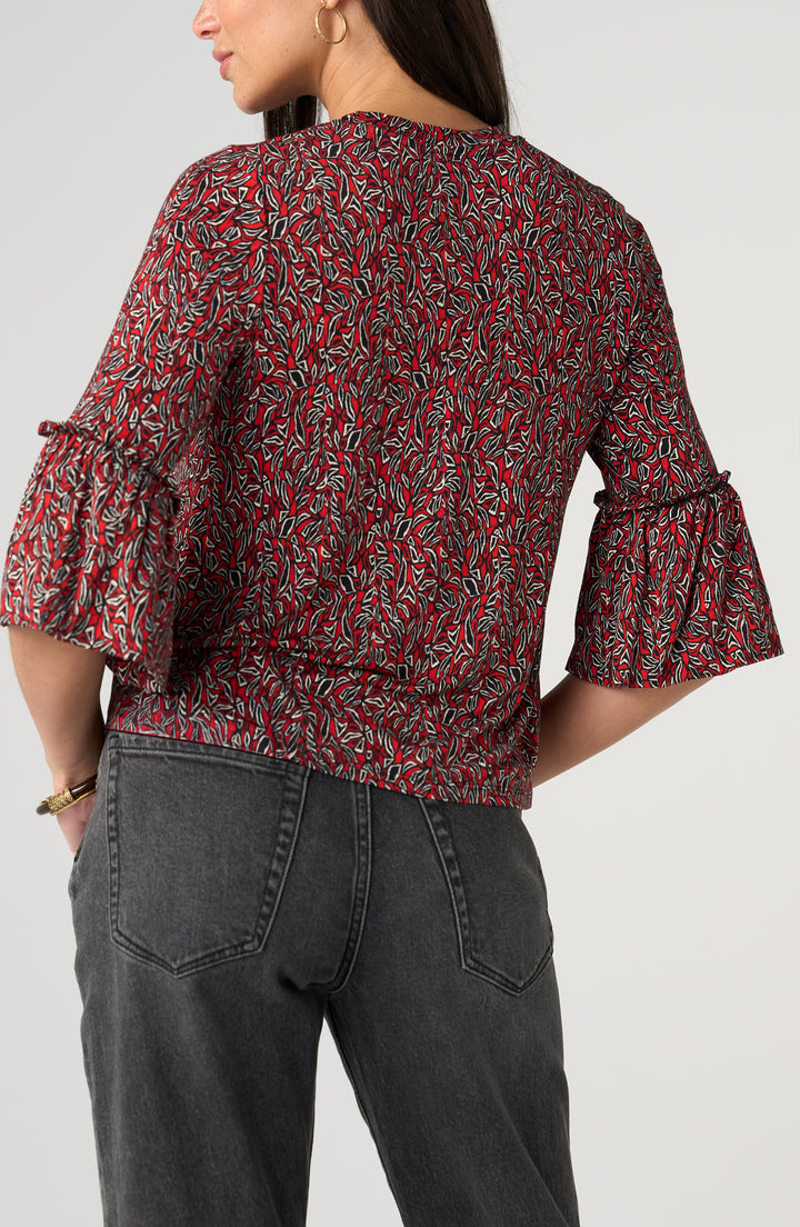 HALF SLEEVE JEWEL NECK FLARED KNIT TOP - RED/BLACK MULTI