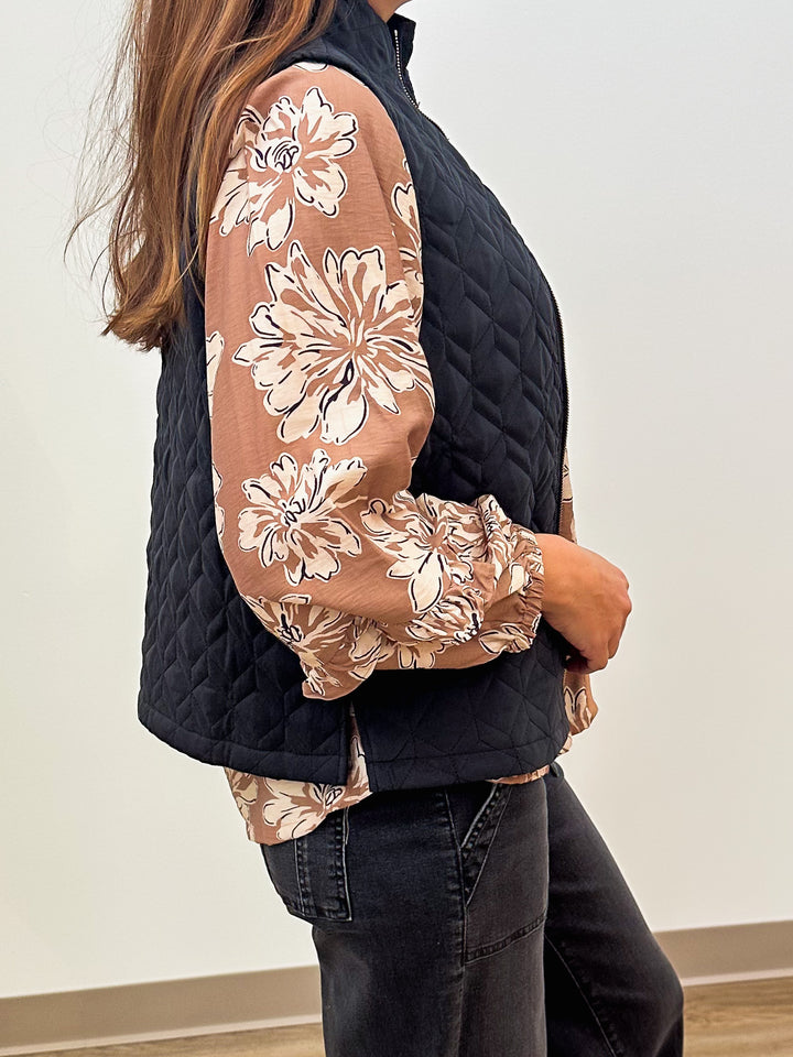 QUILTED ZIP UP VEST - BLACK