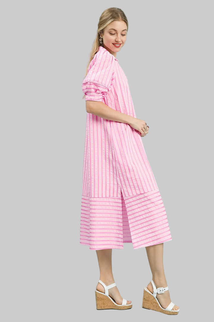 PUFF SLEEVE STRIPED MIDI DRESS - PEONY