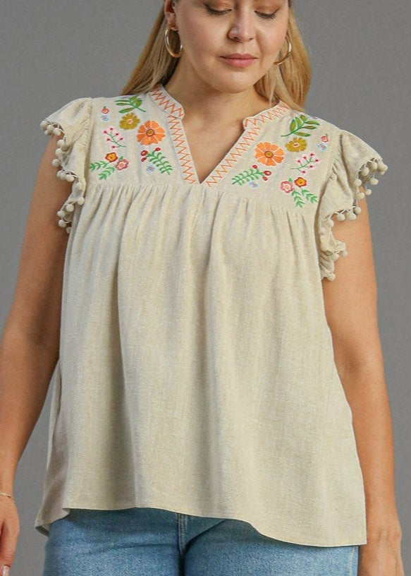 RUFFLE SLEEVE W/POM POM LINEN EMBROIDERED TOP - OATMEAL