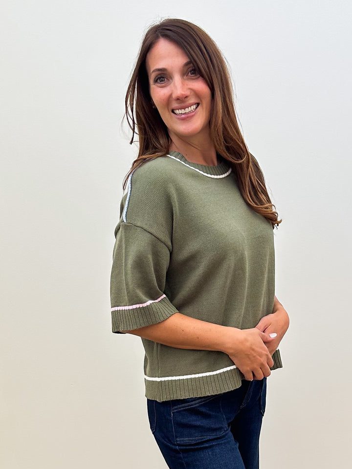 HALF SLEEVE CONTRAST SWEATER - OLIVE