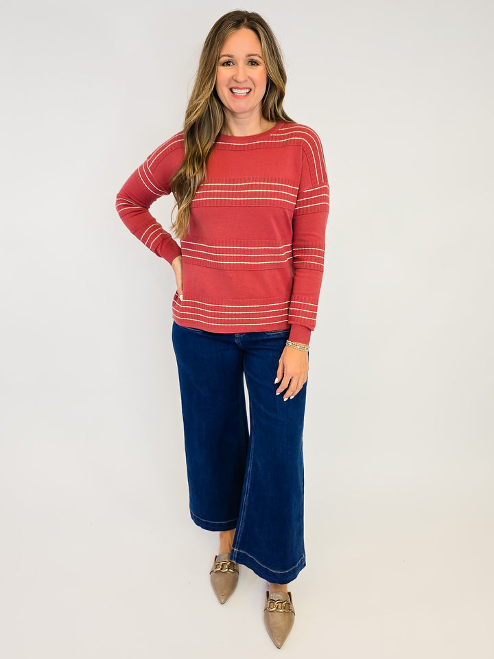 STITCH STRIPED LONG SLEEVE SWEATER - MARSALA
