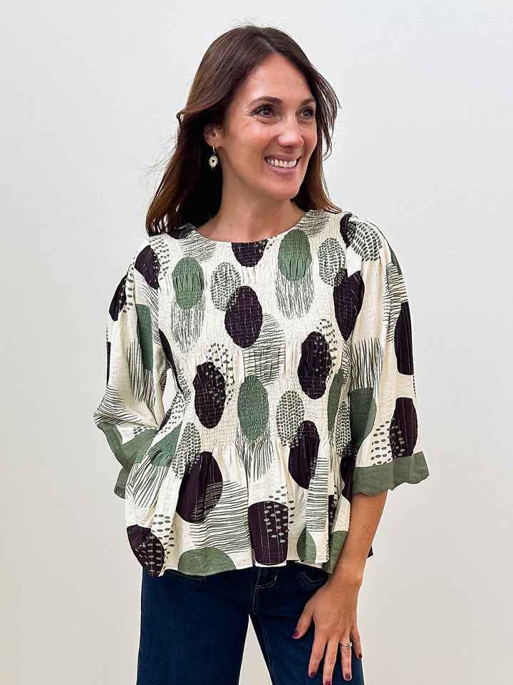 3/4 SLEEVE ABSTRACT DOT SMOCKED PEPLUM TOP - OLIVE