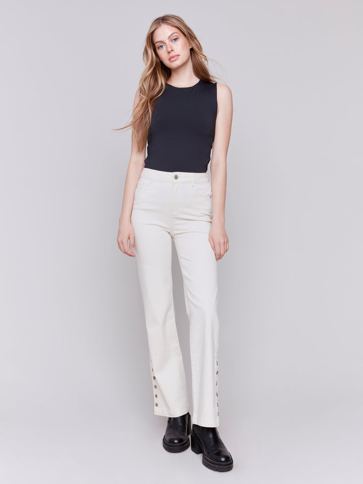 SIDE BUTTON FLARE LEG PANTS - NATURAL