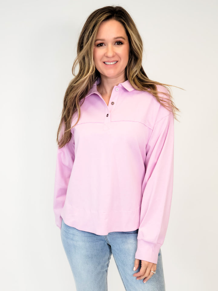 RELAXED FIT RIBBED LONG SLEEVE HENLEY TOP - PINK