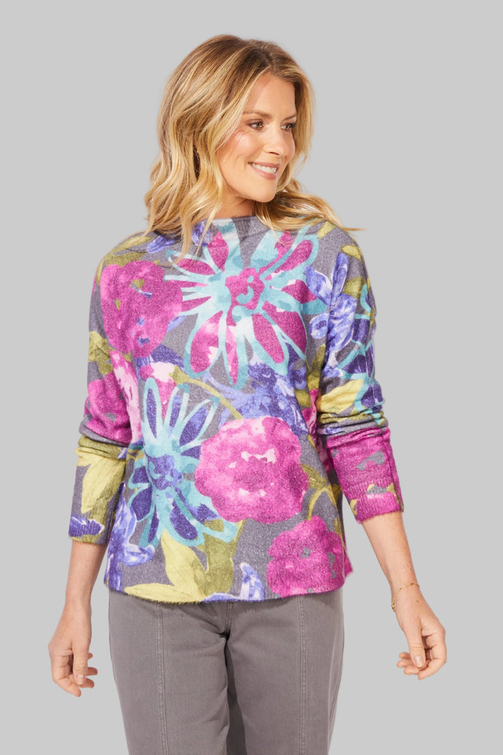 L/S ROLL NECK COZY BLOOM SWEATER - FUCHSIA/BLUE