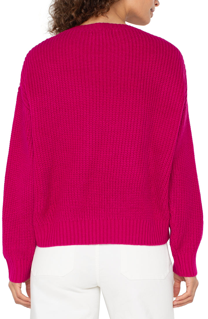 LONG SLEEVE MOCK NECK SWEATER W/FRINGE - DEEP RASPBERRY PINK