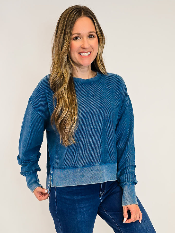 CORDED CROPPED SIDE SLIT CREW NECK PULLOVER - NAVY