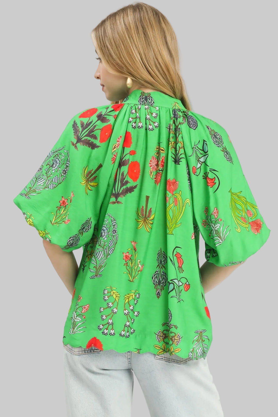 PUFF SLEEVE SCALLOPED EDGE FLORAL PRINT TOP - GREEN MIX
