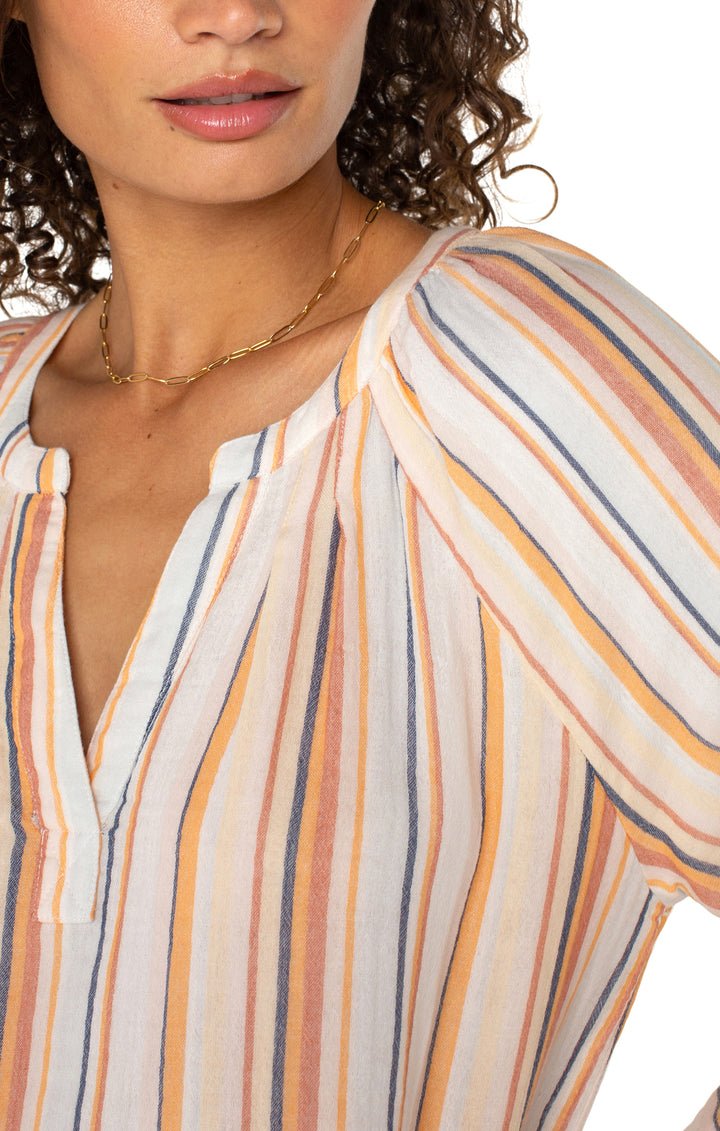3/4 SLEEVE PLEATED RAGLAN WOVEN TOP W/FRAY HEM - ORANGE STRIPE