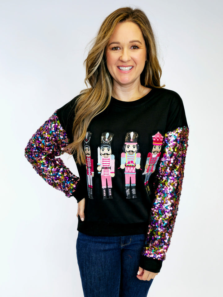 SEQUIN SLEEVE NUTCRACKER HOLIDAY SWEATSHIRT - BLACK